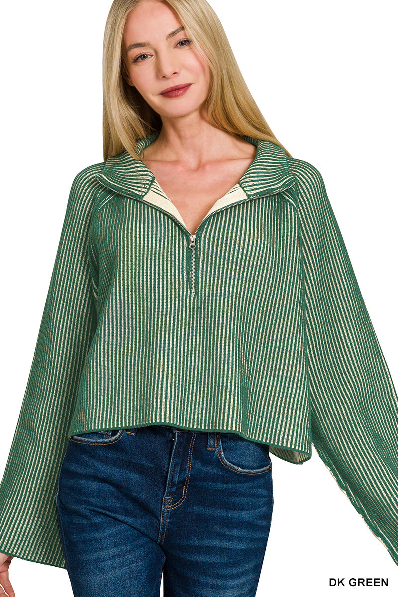 Blake Two Tone Front Zipper Sweater - Green