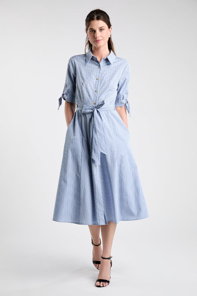 Blue Pinstripe Bow Sleeve Midi Shirt Dress with gold button front, self-tie waistband, bow-tied 3/4 sleeves and full A-line midi skirt in 100% cotton
