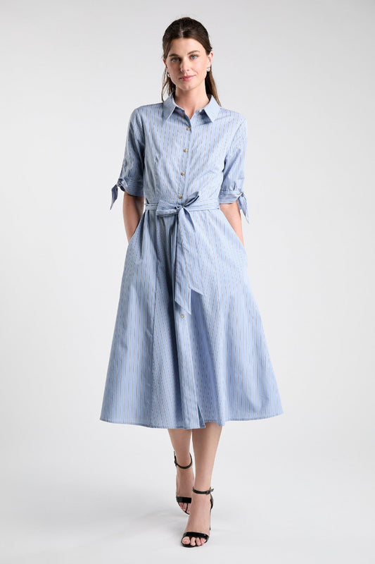 Blue Pinstripe Bow Sleeve Midi Shirt Dress with gold button front, self-tie waistband, bow-tied 3/4 sleeves and full A-line midi skirt in 100% cotton