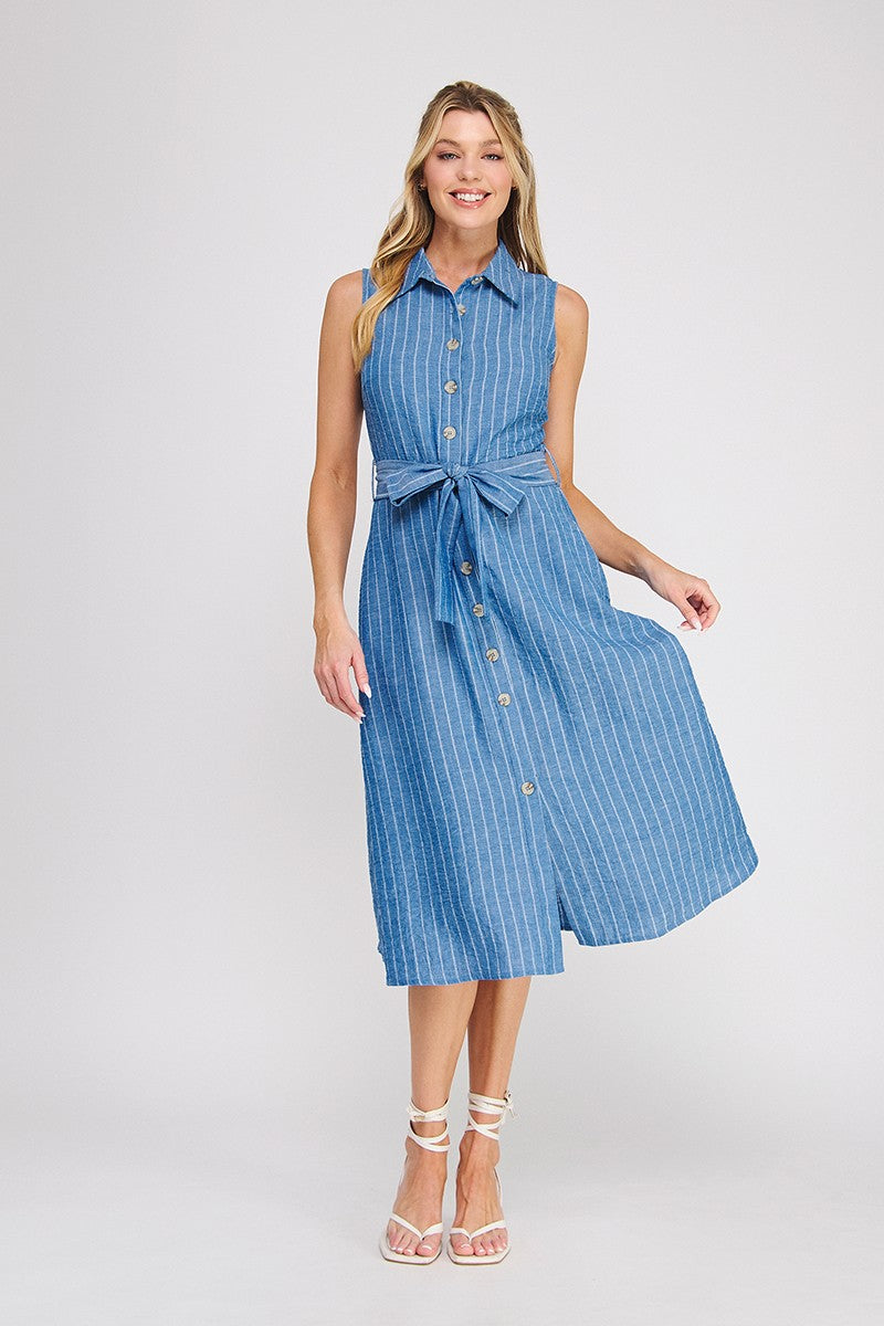 Blue and white pinstripe sleeveless midi shirtdress with spread collar, full button-down front, self-fabric tie waist, and A-line skirt — Mirror on Main