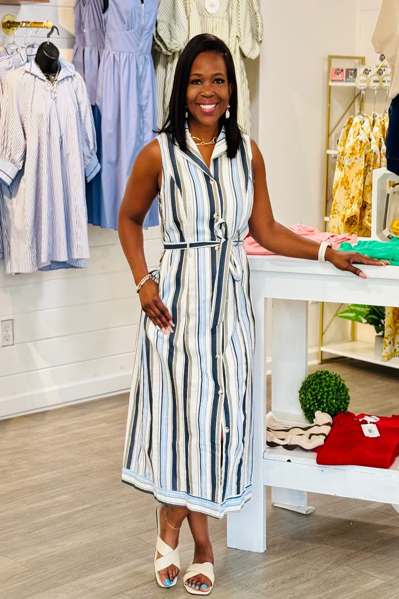 Blue multi-stripe 100% rayon sleeveless midi dress with notched collar, full button-front closure, self-tie belt at waist, and A-line silhouette with navy border hem — Mirror on Main