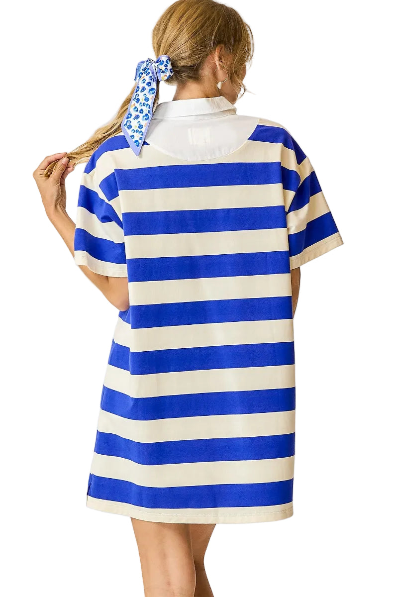 Royal blue and cream bold horizontal stripe polo collar mini dress with half-button placket, short cuffed sleeves, relaxed t-shirt silhouette, and side slits — Mirror on Main