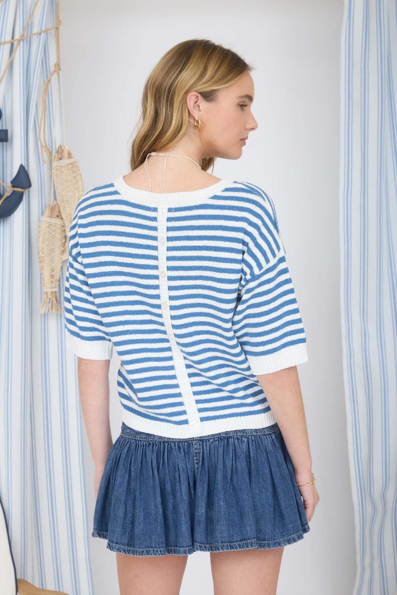 Blue and white stripe cotton knit sweater top with contrast white trim, back button detail, crew neckline, short sleeves with ribbed cuffs, and relaxed boxy fit — Mirror on Main