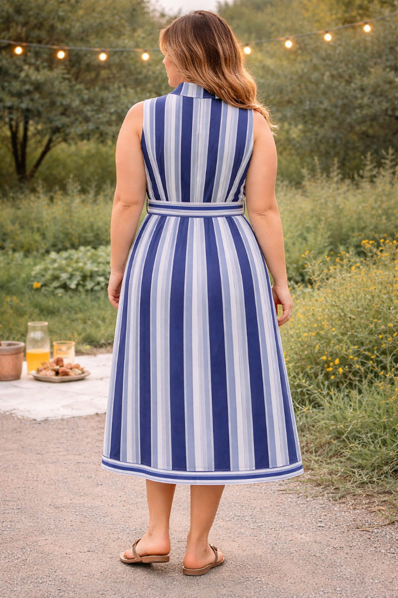 Plus size blue multi-stripe 100% rayon sleeveless midi dress with notched collar, full button-front closure, self-tie belt at waist, and A-line silhouette with navy border hem — Mirror on Main