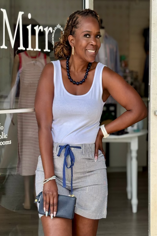 Navy and white pinstripe cotton-linen twill shorts with contrast navy drawstring tie, elastic waistband, and front and back patch pockets — Mirror on Main