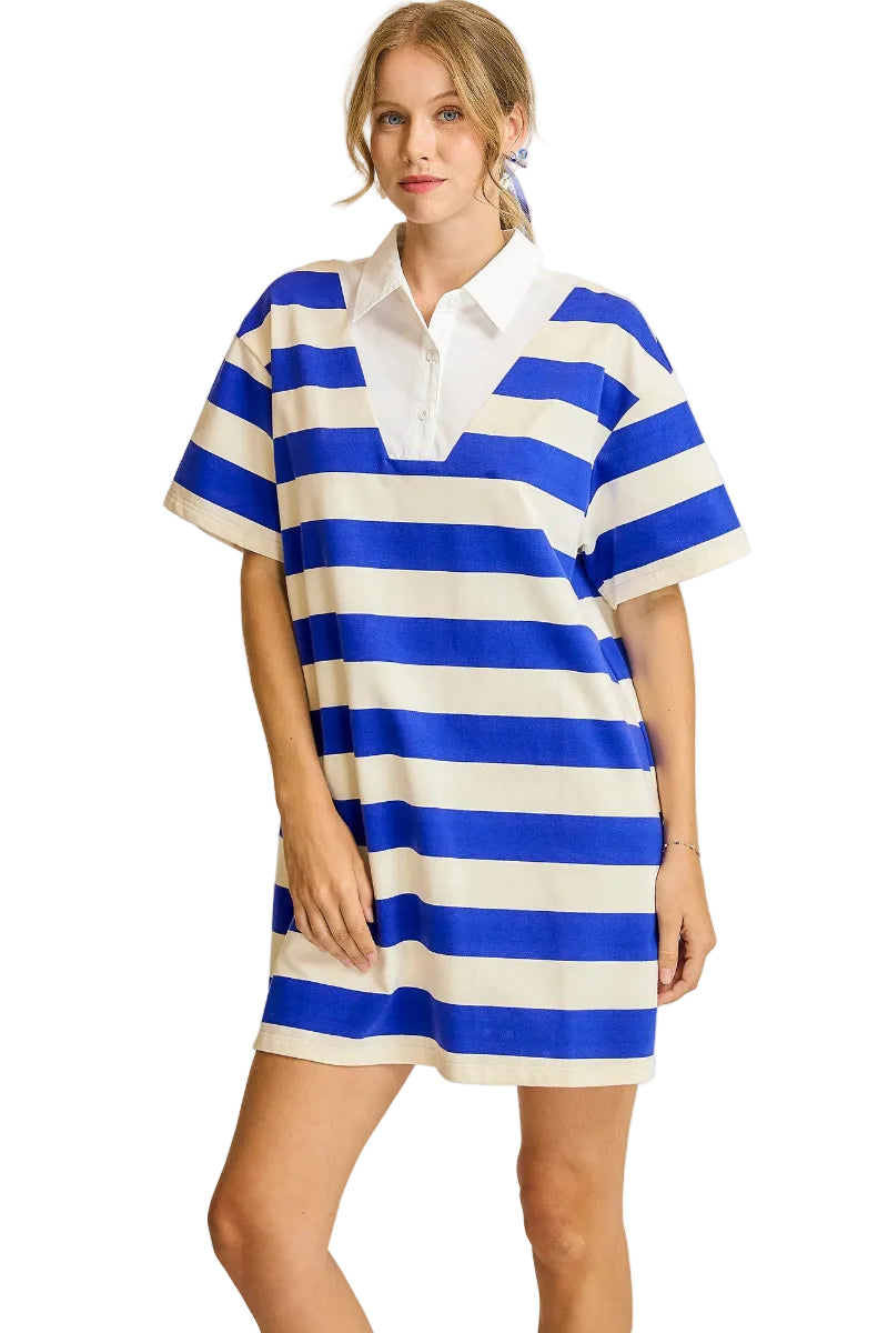 Royal blue and cream bold horizontal stripe polo collar mini dress with half-button placket, short cuffed sleeves, relaxed t-shirt silhouette, and side slits — Mirror on Main