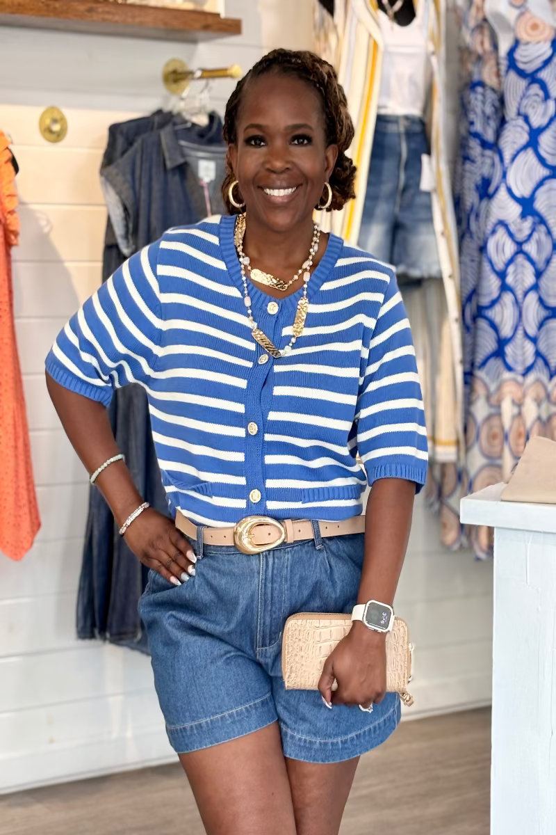 Blue and cream striped 100% cotton knit cardigan with round neckline, short sleeves, gold-tone button closure, and ribbed hem — Mirror on Main