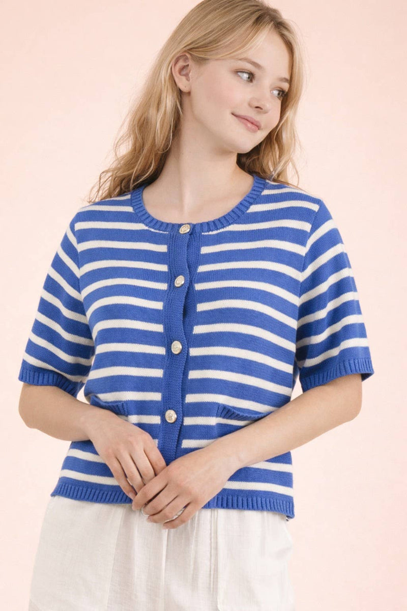 Blue and cream striped 100% cotton knit cardigan with round neckline, short sleeves, gold-tone button closure, and ribbed hem — Mirror on Main
