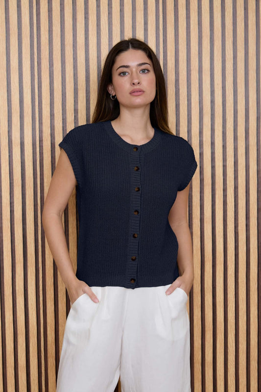 Button Down Knit Cardigan Vest in navy blue with round neckline, short cap sleeves, chunky knit texture and button front cropped silhouette