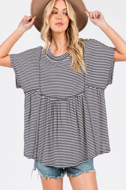 COCO SHORT SLEEVE STRIPES TUNIC TOP - BLACK