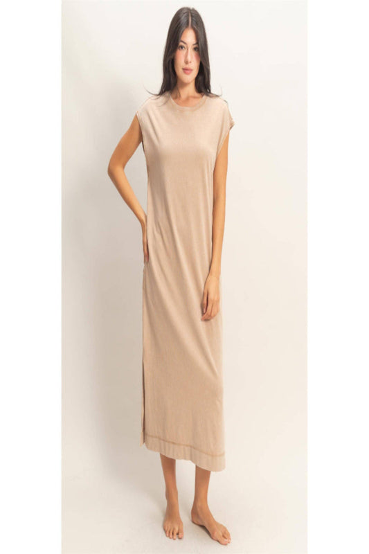 Cap Sleeve Midi Dress: DARK TAUPE