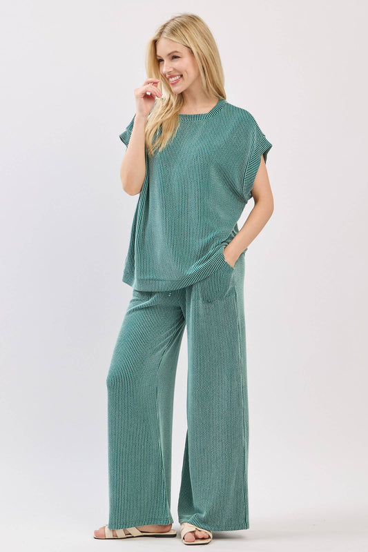 Carrie Striped Rib Knit Lounge Set - Teal