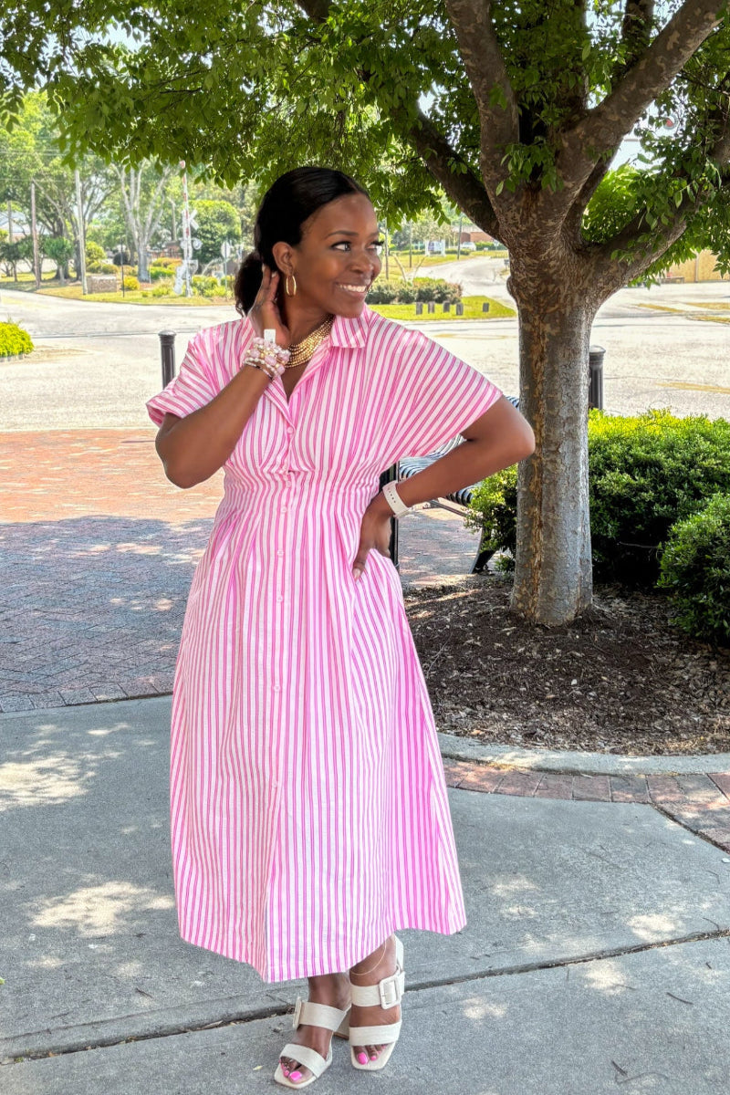 pink striped button down midi dress with pleated waist and short sleeves