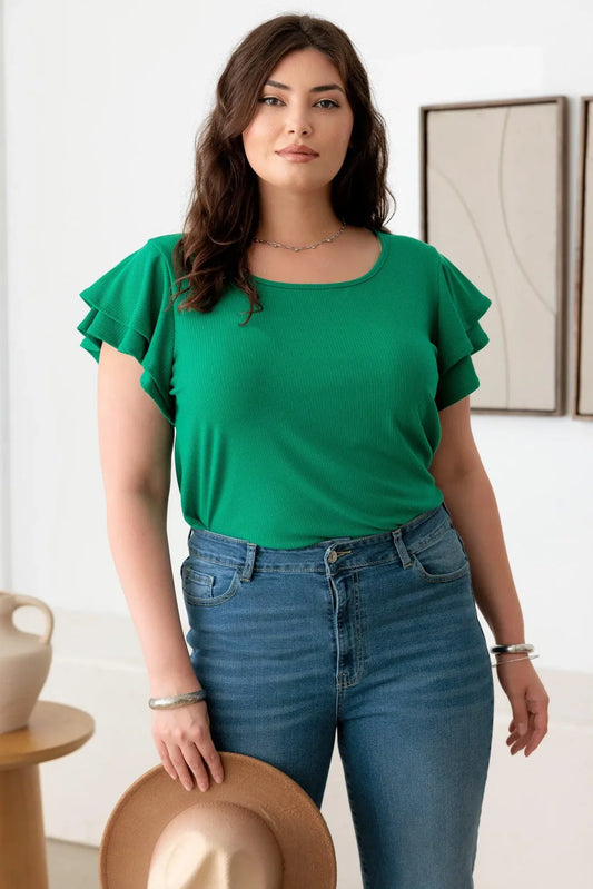 Claire Short Sleeves Round Neck Ribbed Top - Green