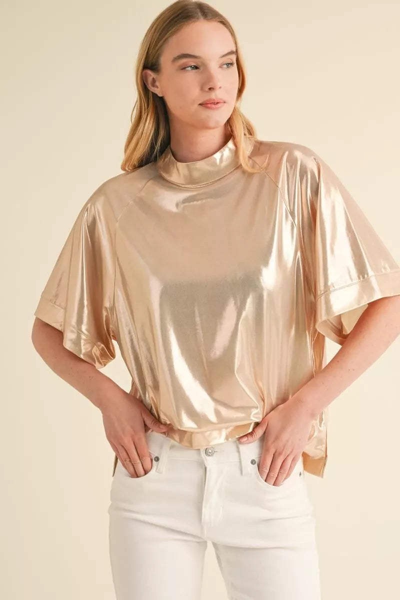 Close-up of rose gold glossy mock neck top with wide half sleeves – Mirror On Main.