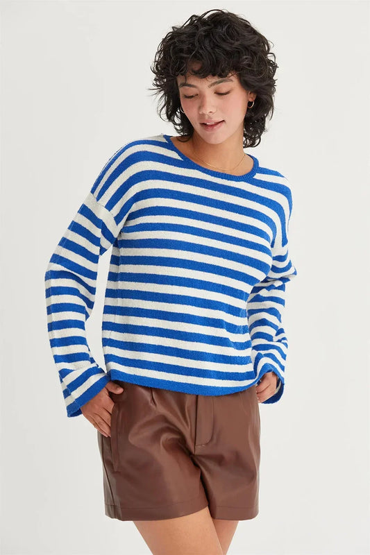 Clover Horizontal Striped Crew Neck Sweater - Blue