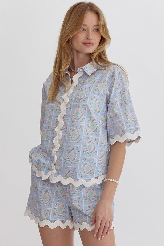 printed high waisted cotton shorts with rick rack trim styled with matching top set