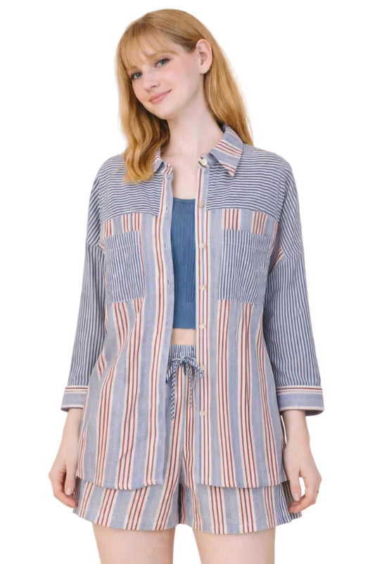 Striped oversized button-down shirt and matching elastic waist shorts set with drawstring and pockets.