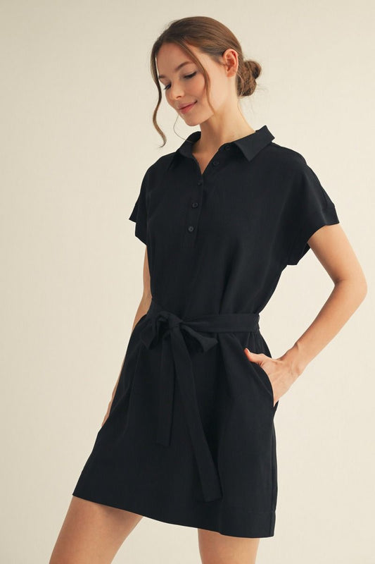 Collins Black Button Front Shirt Dress with Waist Tie and Pockets