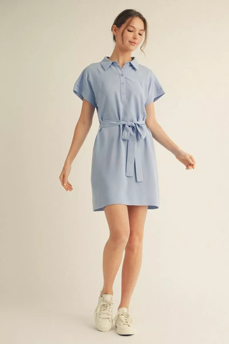 Collins Blue Button Front Shirt Dress with Waist Tie and Pockets
