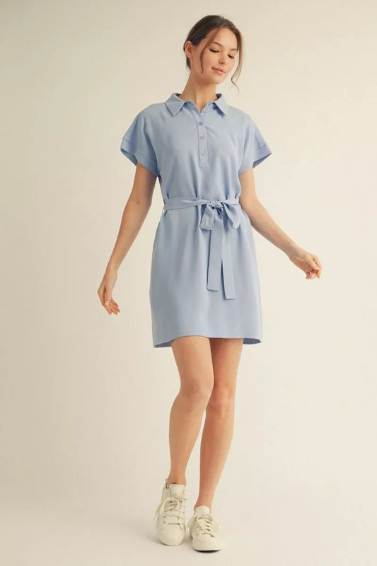 Collins Blue Button Front Shirt Dress with Waist Tie and Pockets