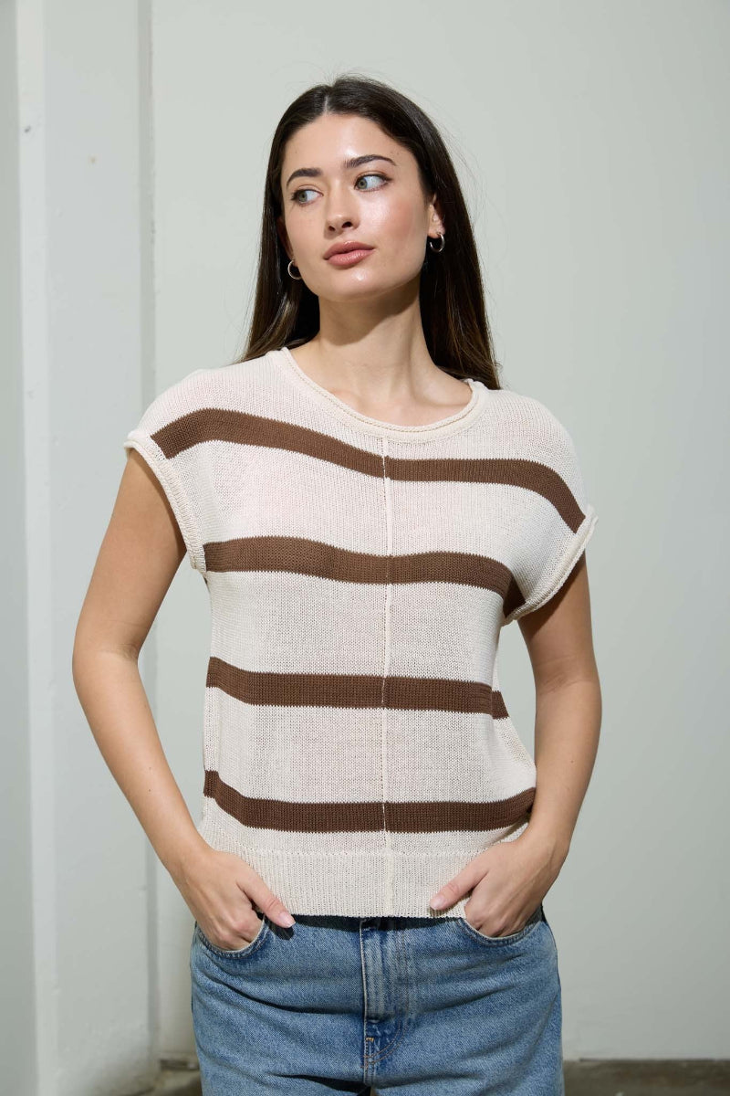 Cream and brown horizontal striped knit pullover sweater with drop shoulder, short sleeves, round neckline, and front seam detail — Mirror on Main