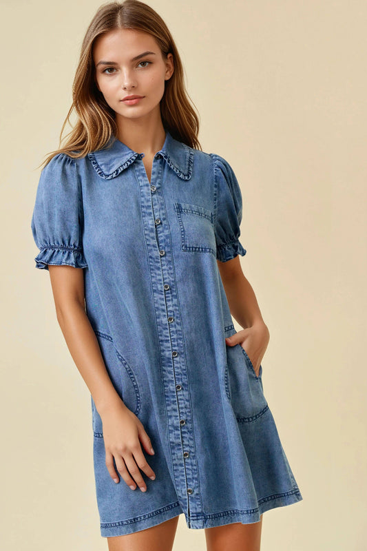 DENIM BUTTON DOWN DRESS - DENIM