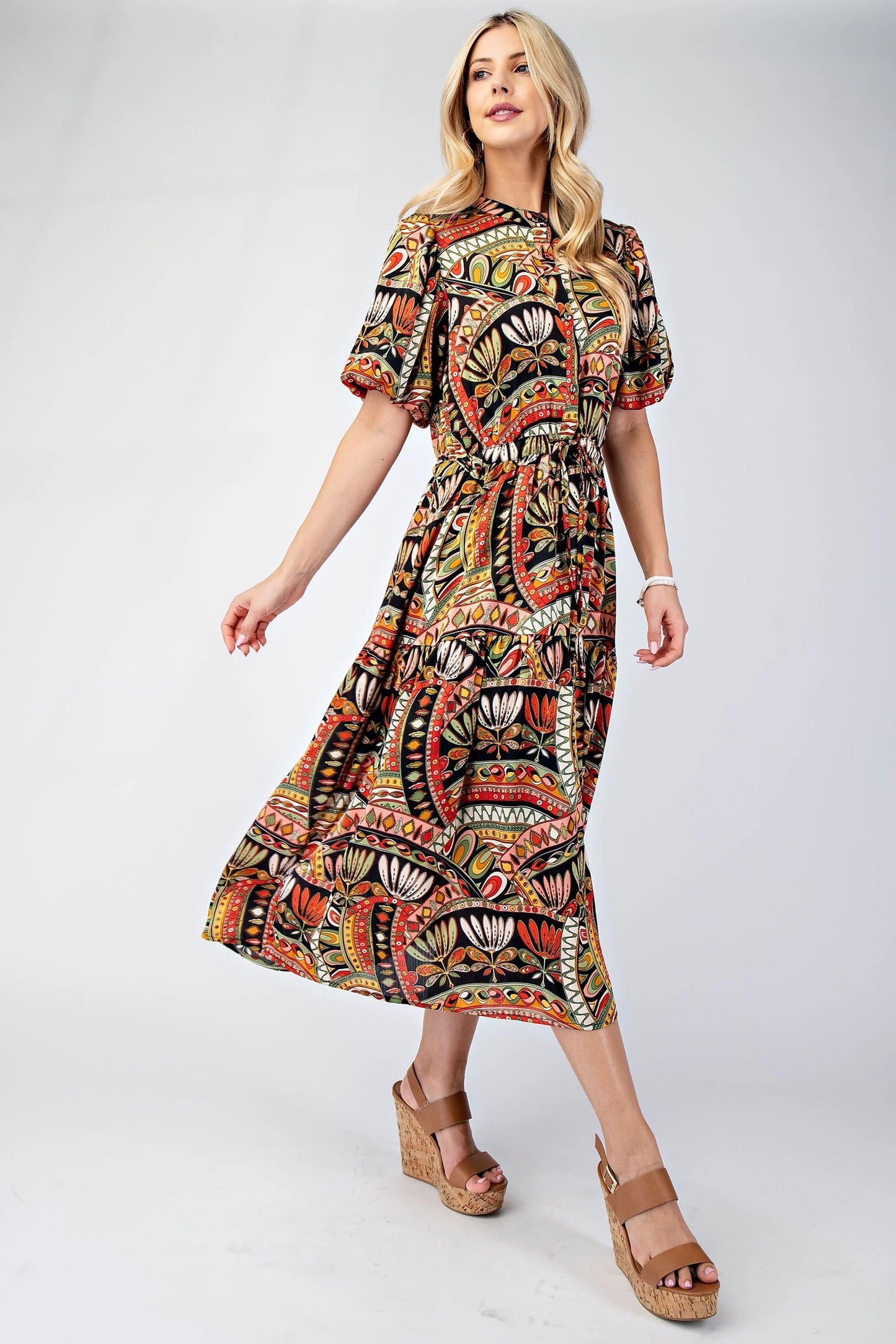 Darcy Bubble Sleeve Tired Midi Dress with Waist Tie - Multicolor