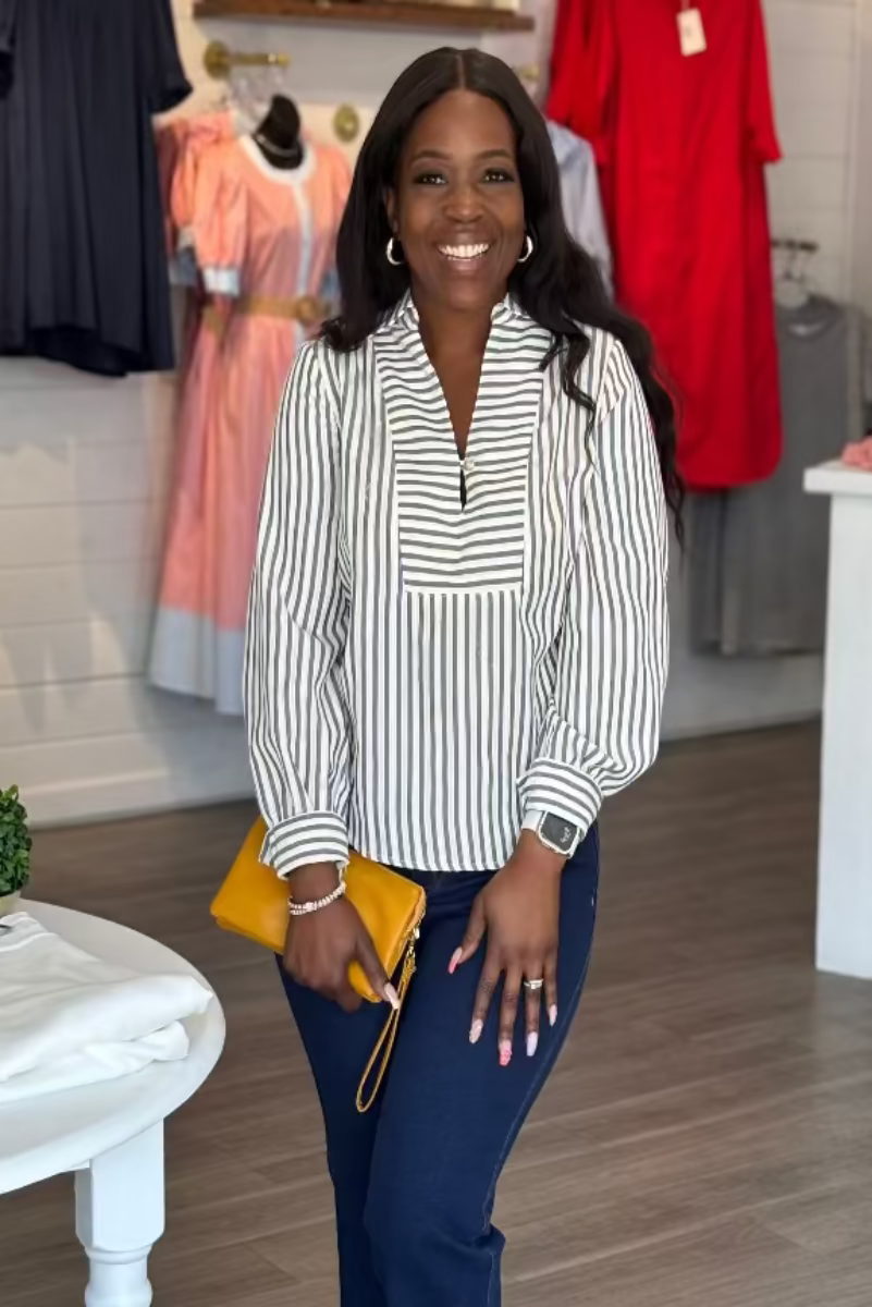 Dark denim and white striped long sleeve top with V-slit neckline, reinforced rectangular bib placket, single button detail, pointed collar, and buttoned cuffs — Mirror on Main