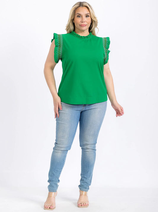 ELLIE PLUS SIZE RUFFLE SLEEVE MOCK NECK BLOUSE - Green