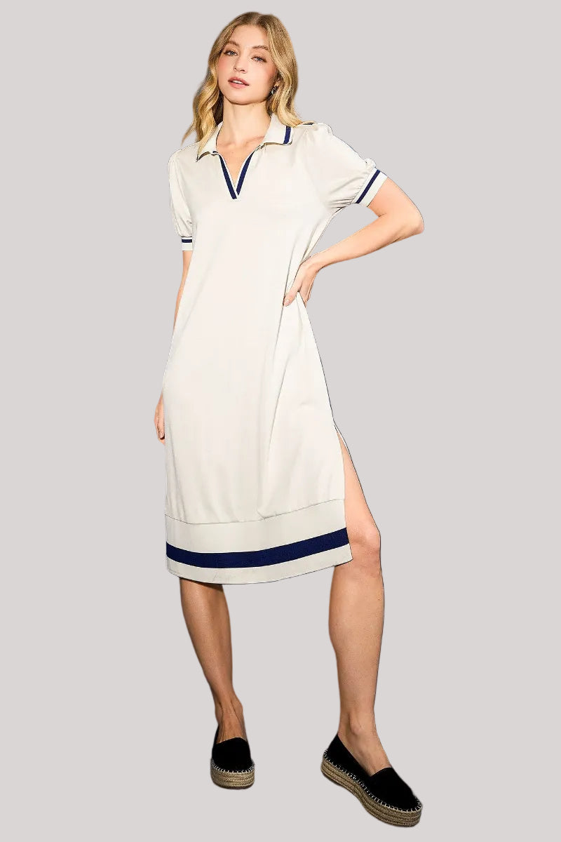 Ecru luxeknit midi dress with polo collar V-neckline, short puff sleeves with ribbed navy trim, navy contrast stripe hem band, and side slit — Mirror on Main