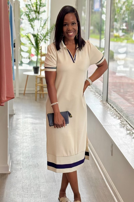 Ecru luxeknit midi dress with polo collar V-neckline, short puff sleeves with ribbed navy trim, navy contrast stripe hem band, and side slit — Mirror on Main