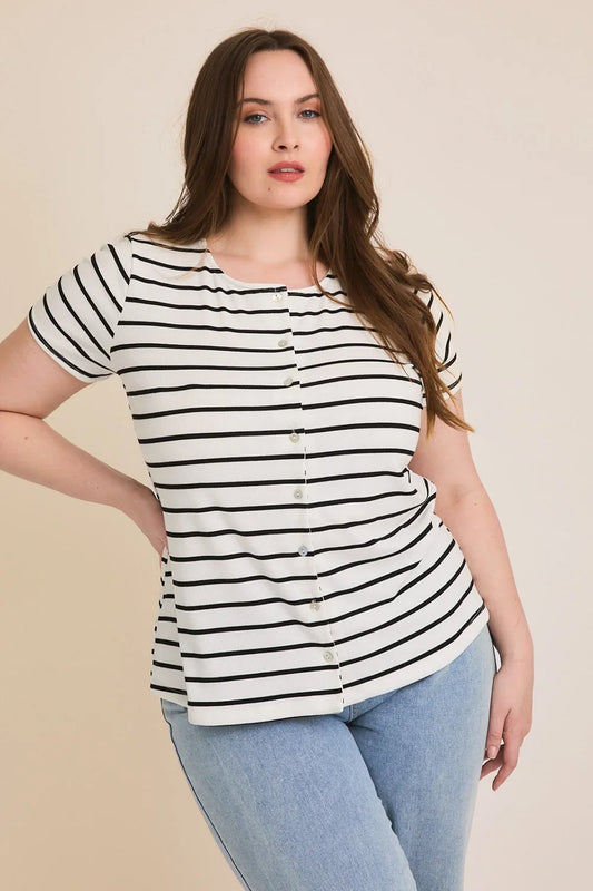 Eden Plus Size Striped Button Front Short Sleeve Top - Black & White