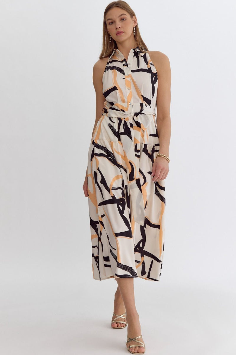printed sleeveless collared midi dress with tie waist styled for work and casual outfits