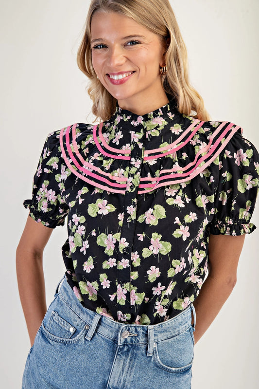 Elani Short Sleeve Blouse - Black Floral