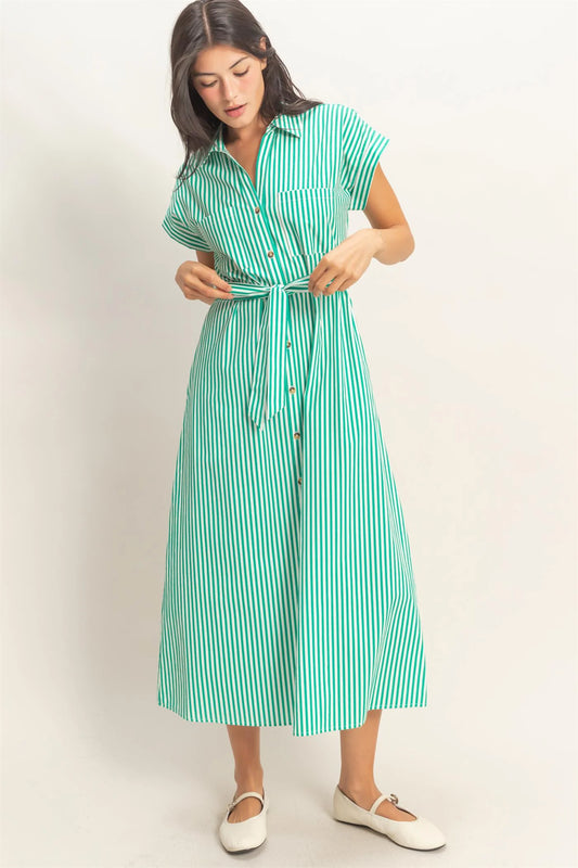 Emerson Striped Poplin Shirt Dress with Belt and Pockets