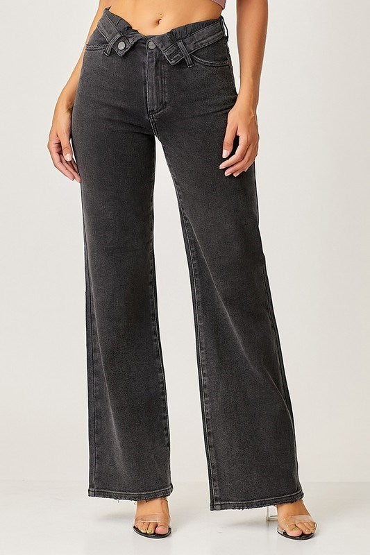 Eva Flap Front Wide Leg Jeans - Black