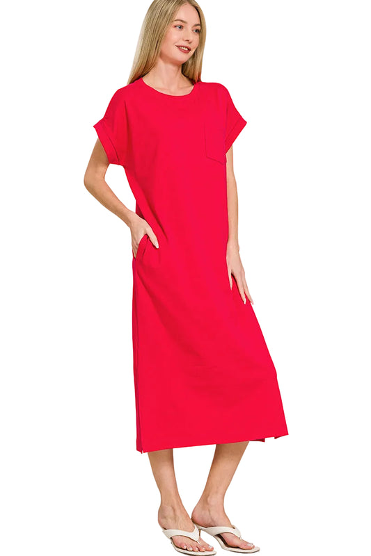 Woman wearing a red dress on a white background