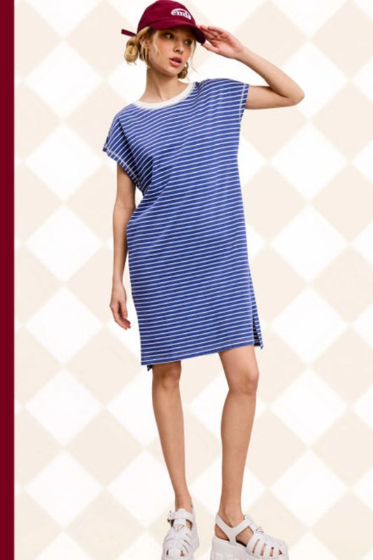 Everyday High Low Side Slit Striped T-Shirt Dress - Blue