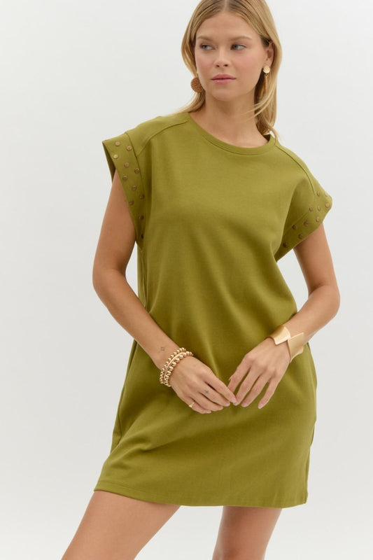 olive knit mini dress with stud detail sleeves styled for everyday casual outfit