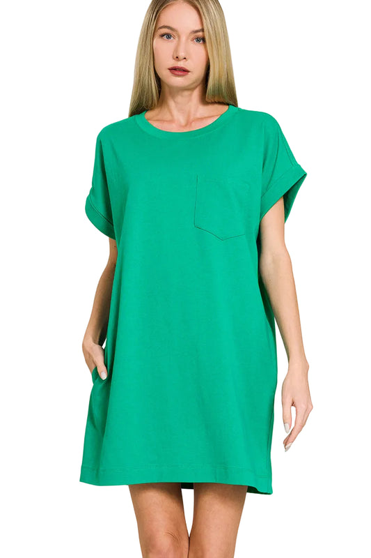 Short sleeve cotton t-shirt dress with rolled sleeves and pockets, shown in green.