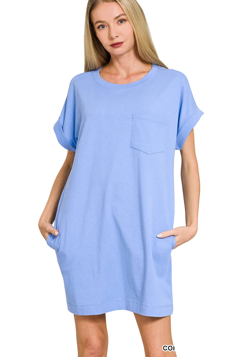 Short sleeve cotton t-shirt dress with rolled sleeves and pockets, shown in light blue.