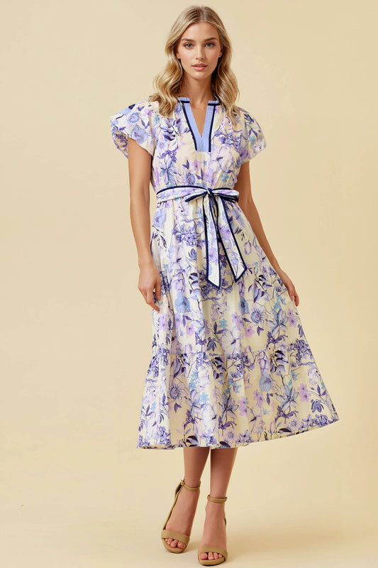 FLORAL PRINT TIERED MIDI DRESS - PERIWINKLE