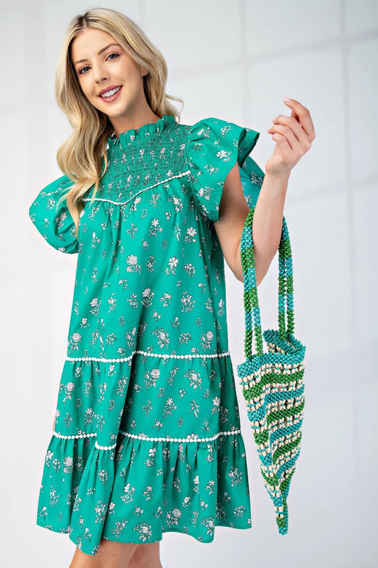 First Time Here Smocked Neck Dress - Green