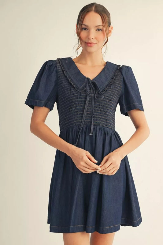 Front view of denim blue Peter Pan collar mini dress featuring a smocked bodice, front tie neckline and puff sleeves at Mirror On Main