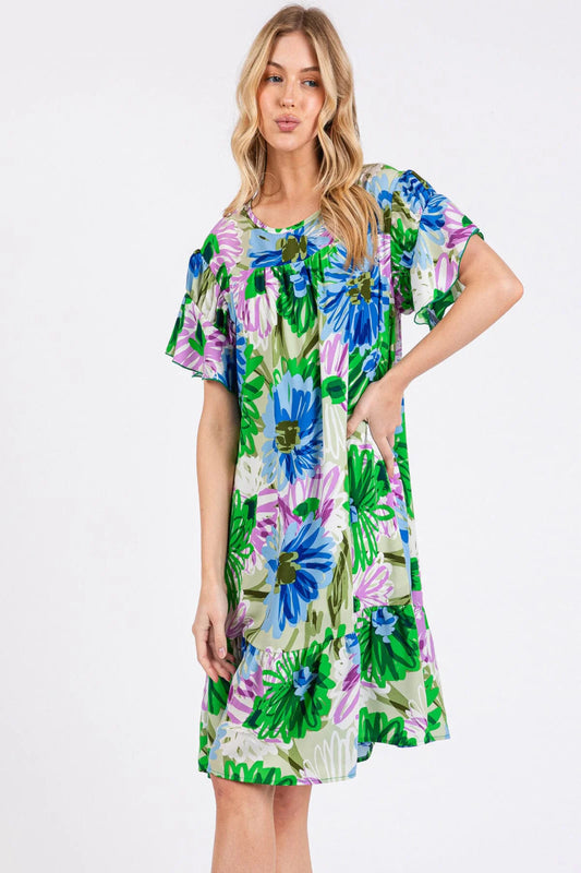 Gracie Short Ruffle Sleeve Tunic Mini Dress- Floral