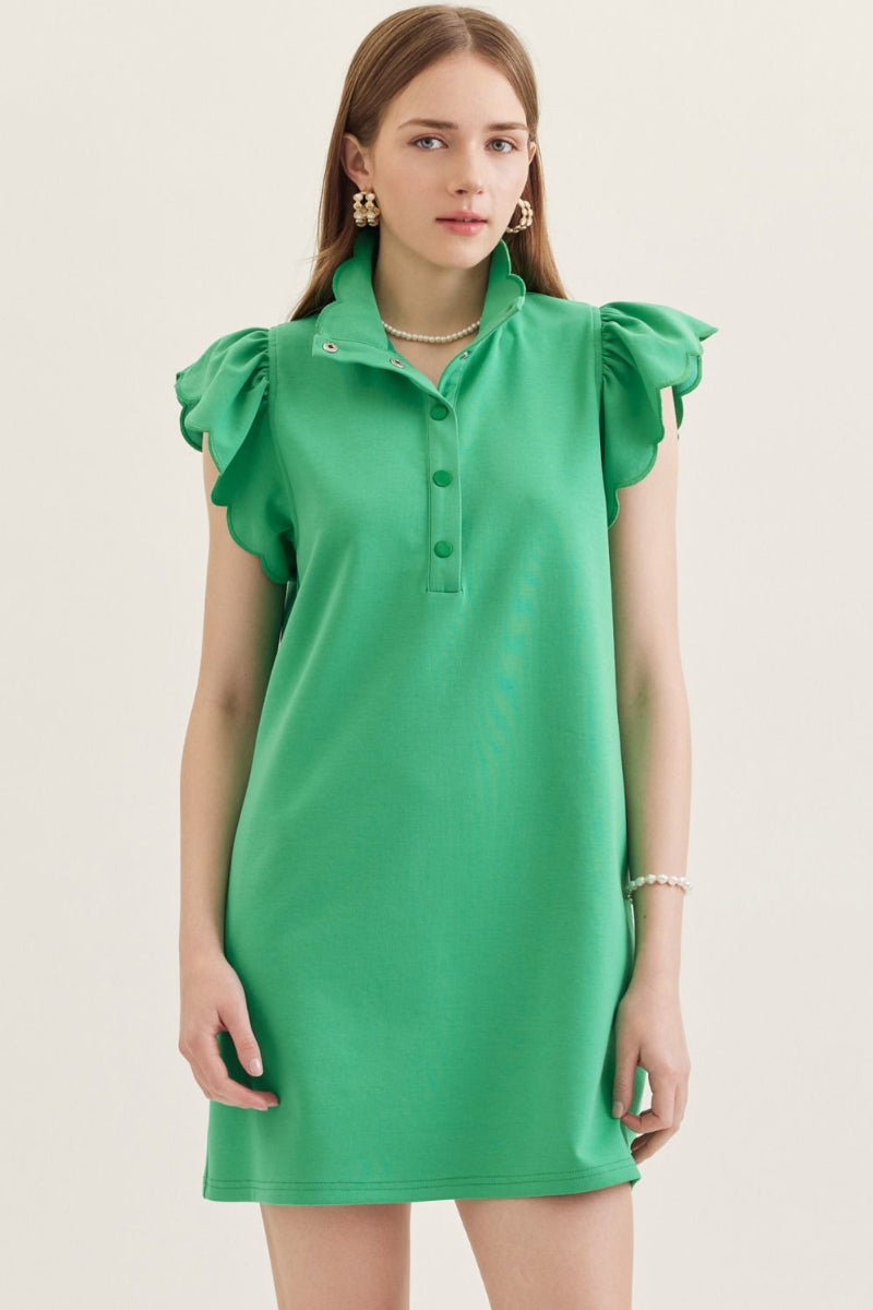 Kelly green scallop flutter sleeve mini dress with polo-style snap button placket, stand collar, and relaxed A-line silhouette with side pockets — Mirror on Main