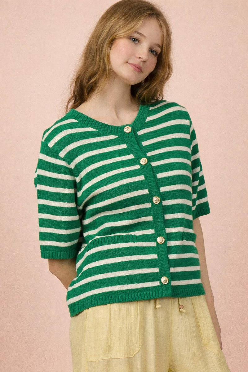 Green and cream striped 100% cotton knit cardigan with round neckline, short sleeves, gold-tone button closure, and ribbed hem — Mirror on Main