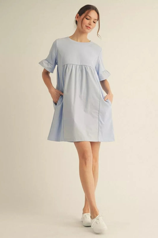 Harlow Blue Babydoll Mini Dress with Ruffle Sleeves and Pockets