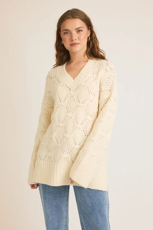 Harmoni Cable Knit V Neck Side Slits Sweater - Cream